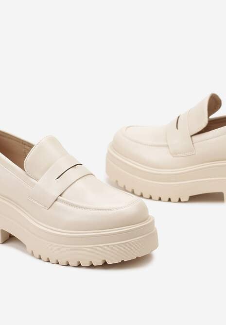 Beżowe Mokasyny na Żłobionej Platformie z Paskiem z Wycięciem Sacreva