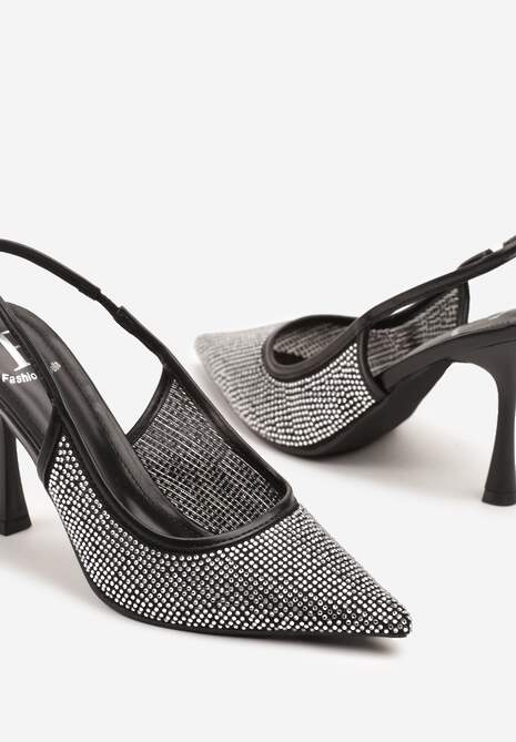Czarne Sandały Szpilki Slingback z Noskiem w Szpic Zdobione Cyrkoniami Zenvia