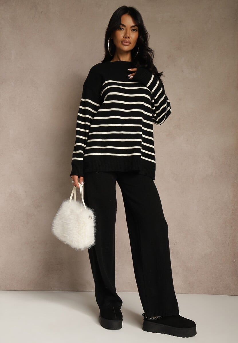 Czarny Komplet z Bawełną i Wełną Spodnie o Szerokim Kroju i Sweter w Paski Reimeia