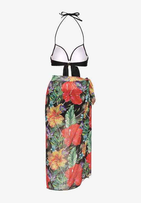 Czarne Bikini  Majtki Figi Biustonosz z Wiązaniem i Kwiatowe Pareo Folanira