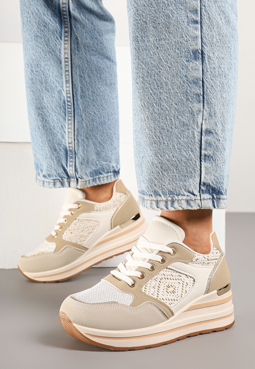 Beżowe Sneakersy na Koturnie z Geometrycznym Wzorem i Brokatem Tillineira