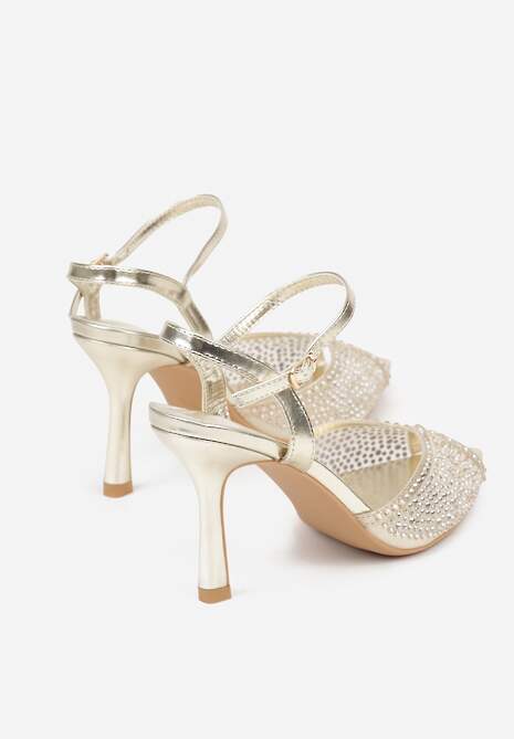 Złote Eleganckie Sandały na Szpilce Ozdobione Cyrkoniami  Viofera