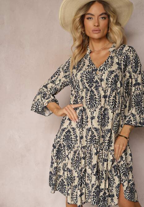 Granatowo-Beżowa Sukienka z Bawełny o Rozkloszowanym Kroju Wykończona Falbanką Niloa