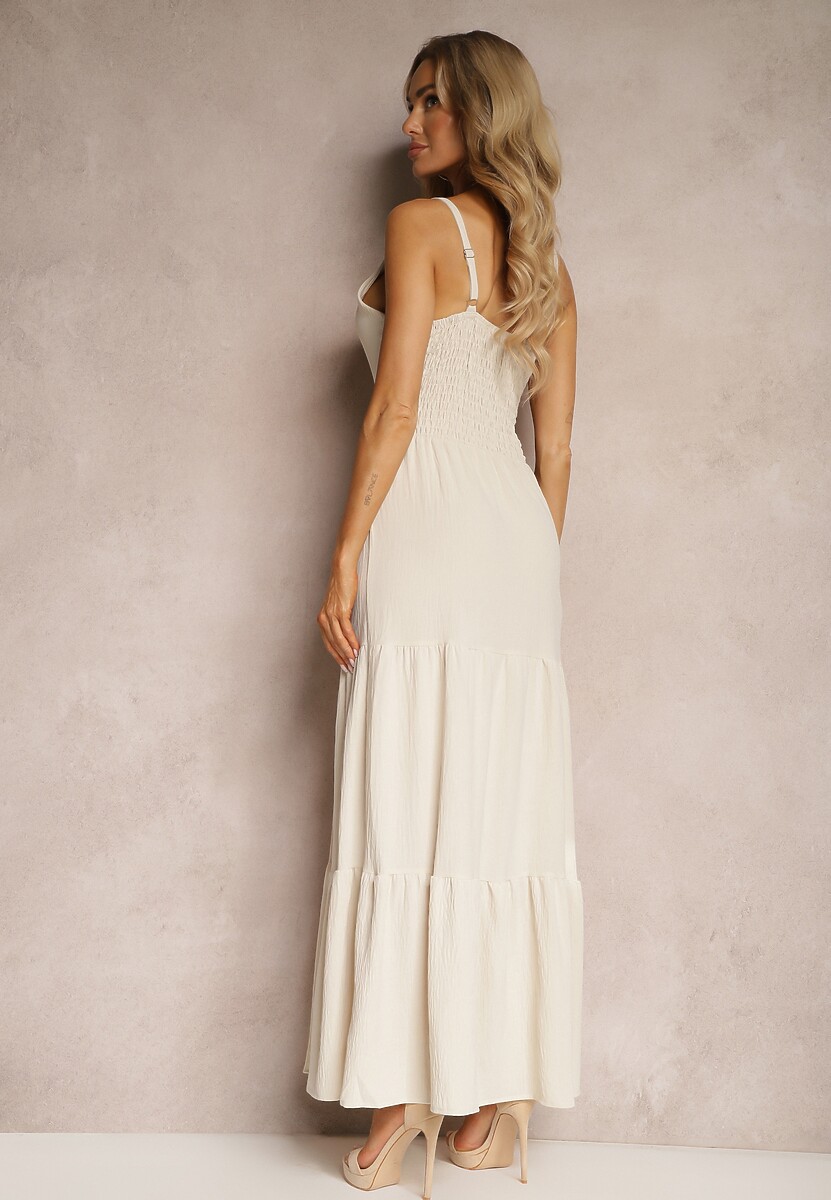 Jasnobeżowa Sukienka na Ramiączkach z Regulacją z Gumką w Talii i Falbanką Faviara