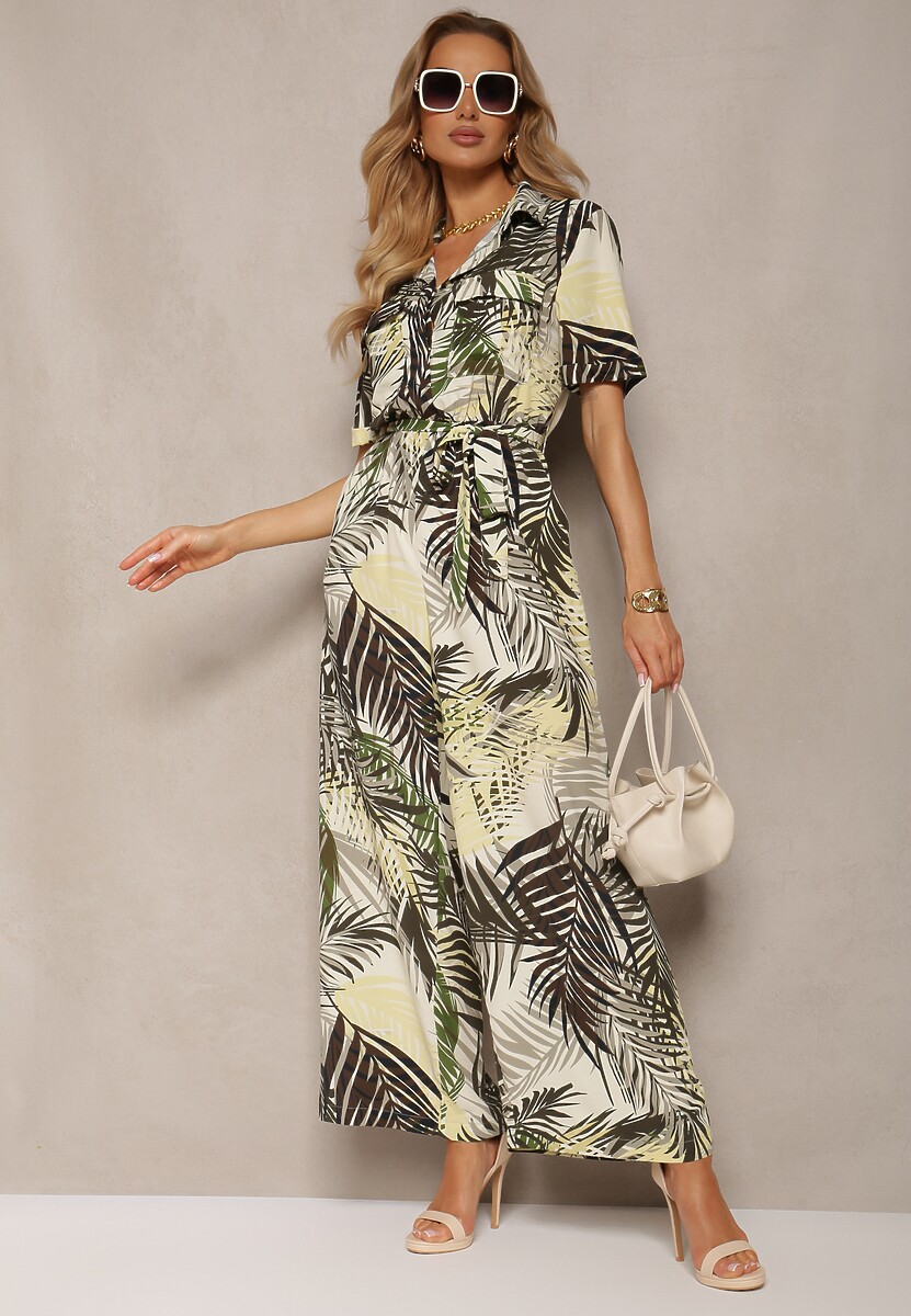 Zielono-Beżowy Kombinezon z Krótkim Rękawem z Gumką w Talii i Materiałowym Paskiem Efilove