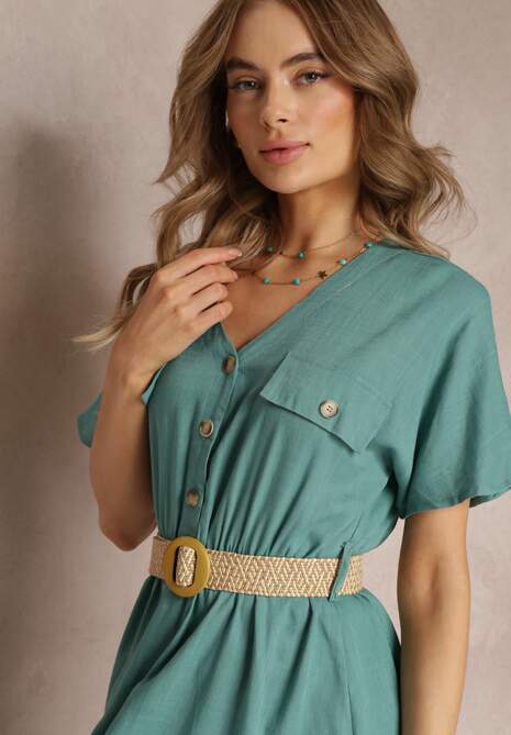 Zielona Koszulowa Sukienka Midi z Bawełny z Gumką w Talii i Plecionym Paskiem Emera