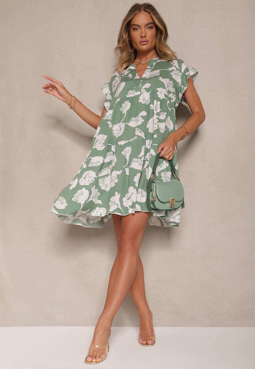 Zielona Sukienka z Bawełny Ozdobiona Kwiatami Liranea