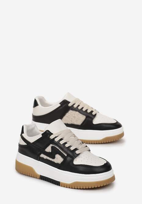 Czarno-Białe Sneakersy z Imitacji Skóry ze Wstawkami z Futerka Vaelisa