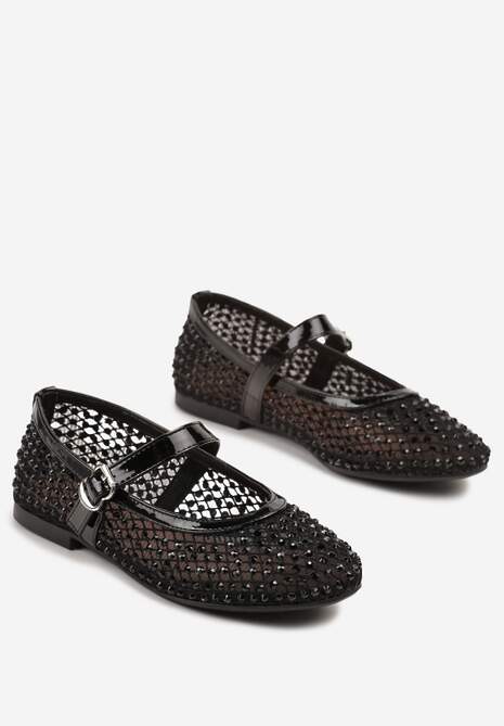 Czarne Balerinki z Siateczkową Cholewką z Cyrkoniami Adislena
