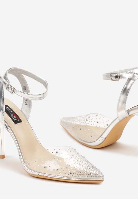 Srebrne Metaliczne Szpilki z Transparentną Cholewką i Cyrkoniami Mitanea