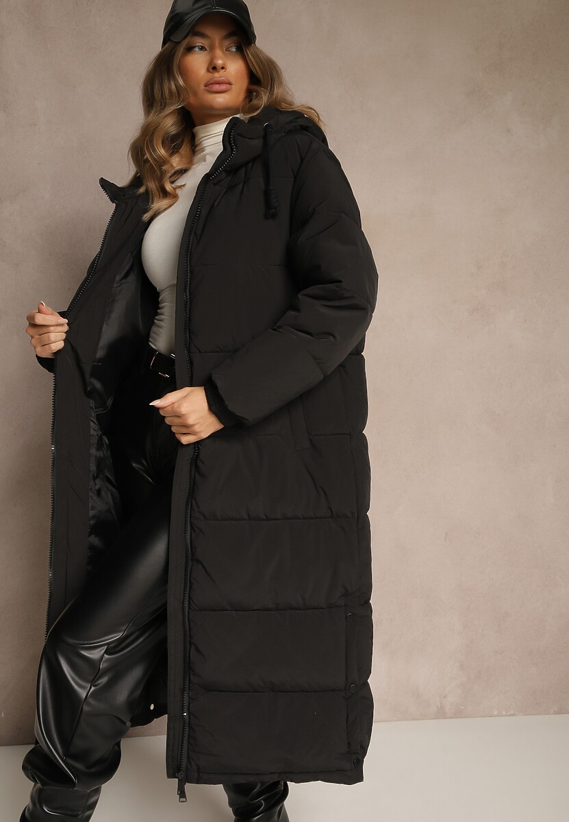 Brązowa Pikowana Kurtka o Długim Fasonie z Kapturem Unina