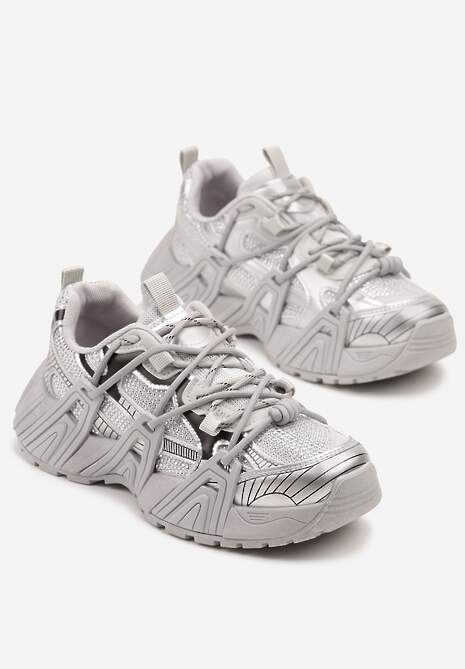 Srebrne Sneakersy na Platformie z Geometrycznym Wzorem Eledisa
