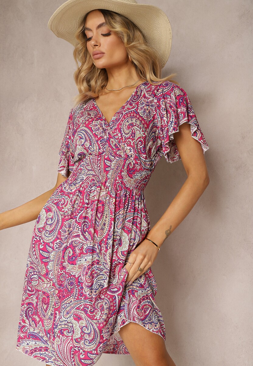 Fuksjowa Rozkloszowana Sukienka z Wiskozy z Trójkątnym Dekoltem i Gumką w Pasie Grilemia