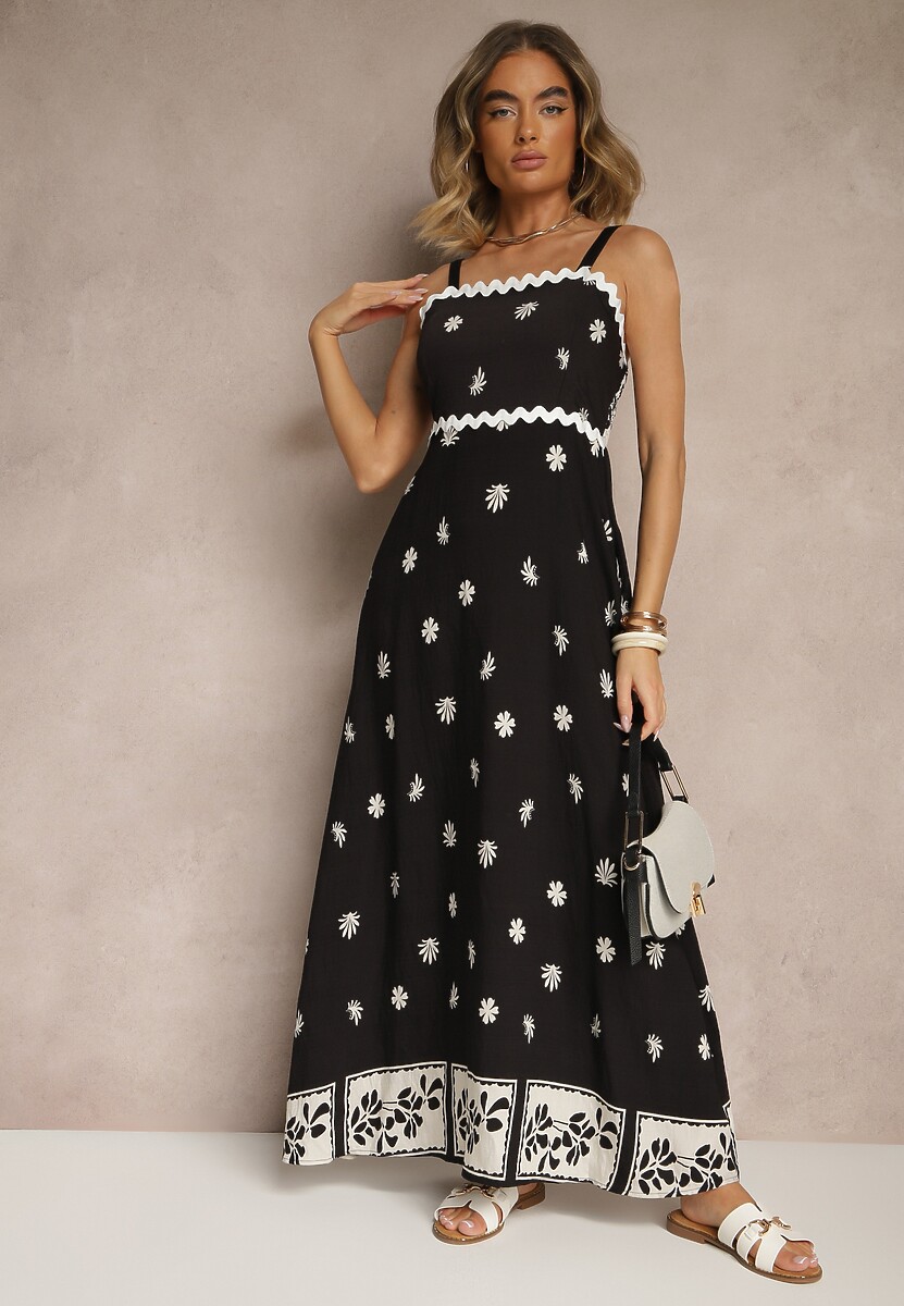 Czarna Sukienka z Wiskozy Ozdobiona Geometrycznym Motywem Lunessa