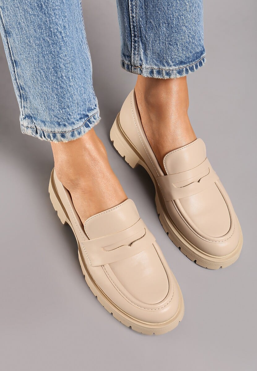 Beżowe Mokasyny na Platformie Ozdobione Paskiem Ilabine