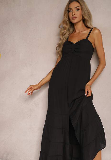 Czarna Sukienka z Dodatkiem Bawełny na Ramiączkach z Regulacją oraz Gumką z Tyłu Tinanoras