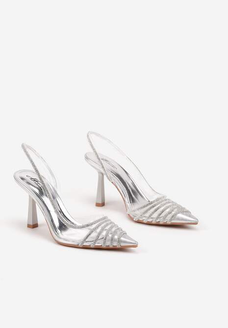 Srebrne Transparentne Sandały na Obcasie ze Szpiczastym Noskiem i Cyrkoniami Felissin