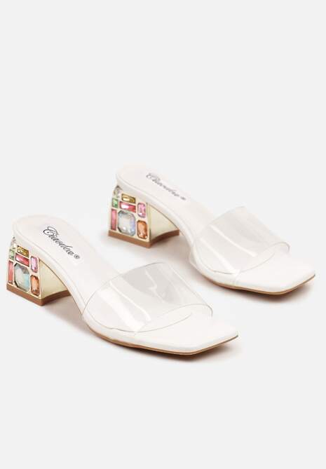 Białe Transparentne Klapki na Słupku Zdobionym Dużymi Cyrkoniami Jarinori