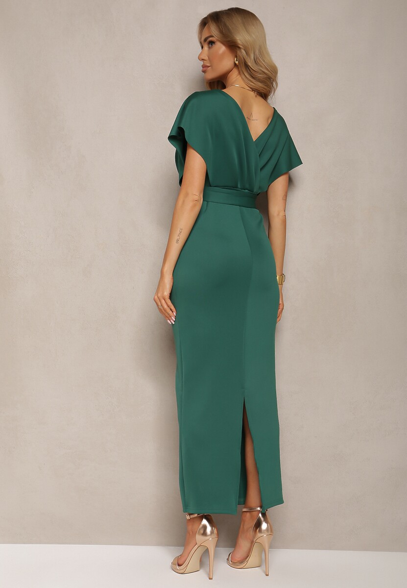Zielona Sukienka Koktajlowa z Trójkątnym Dekoltem i Materiałowym Paskiem z Rozcięciem Wilni