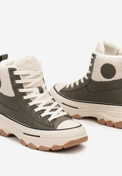 Zielone Traperki w Stylu Trampek na Grubej Podeszwie Ozdobione Futerkiem Miatheae