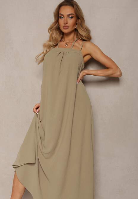 Zielona Sukienka z Regulowanymi Ramiączkami i Wiązaniem przy Szyi Qloenma