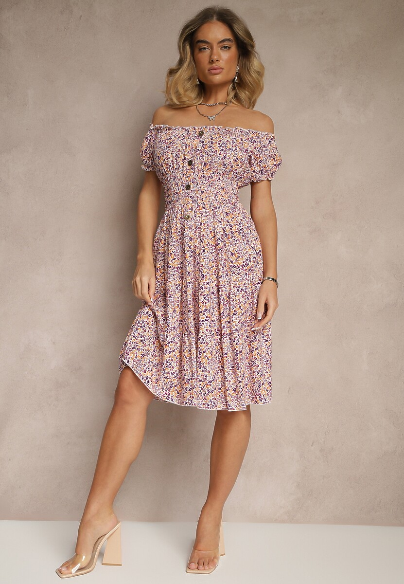 Jasnoróżowa Sukienka z Bawełny Ozdobiona Guzikami i Bufiastymi Rękawami Zelliova