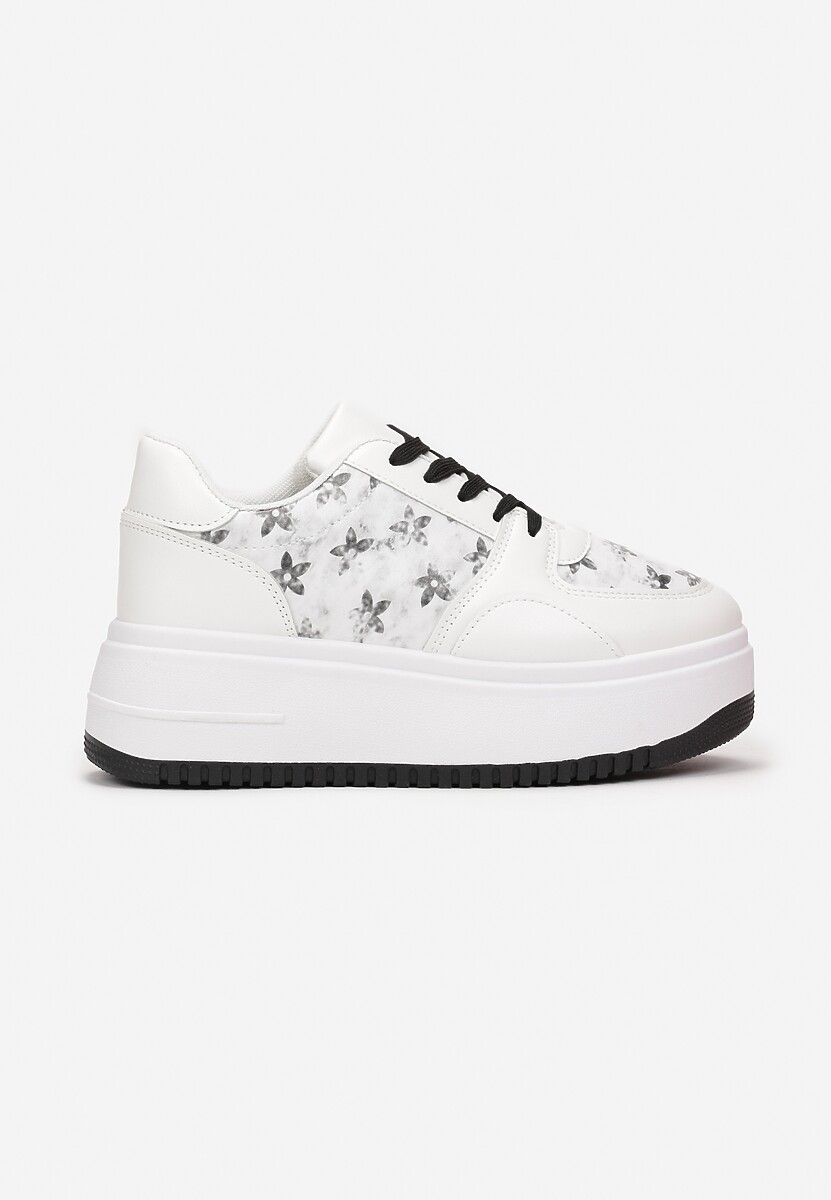Biało-Czarne Sneakersy na Platformie z Nadrukiem w Kwiaty Chedora
