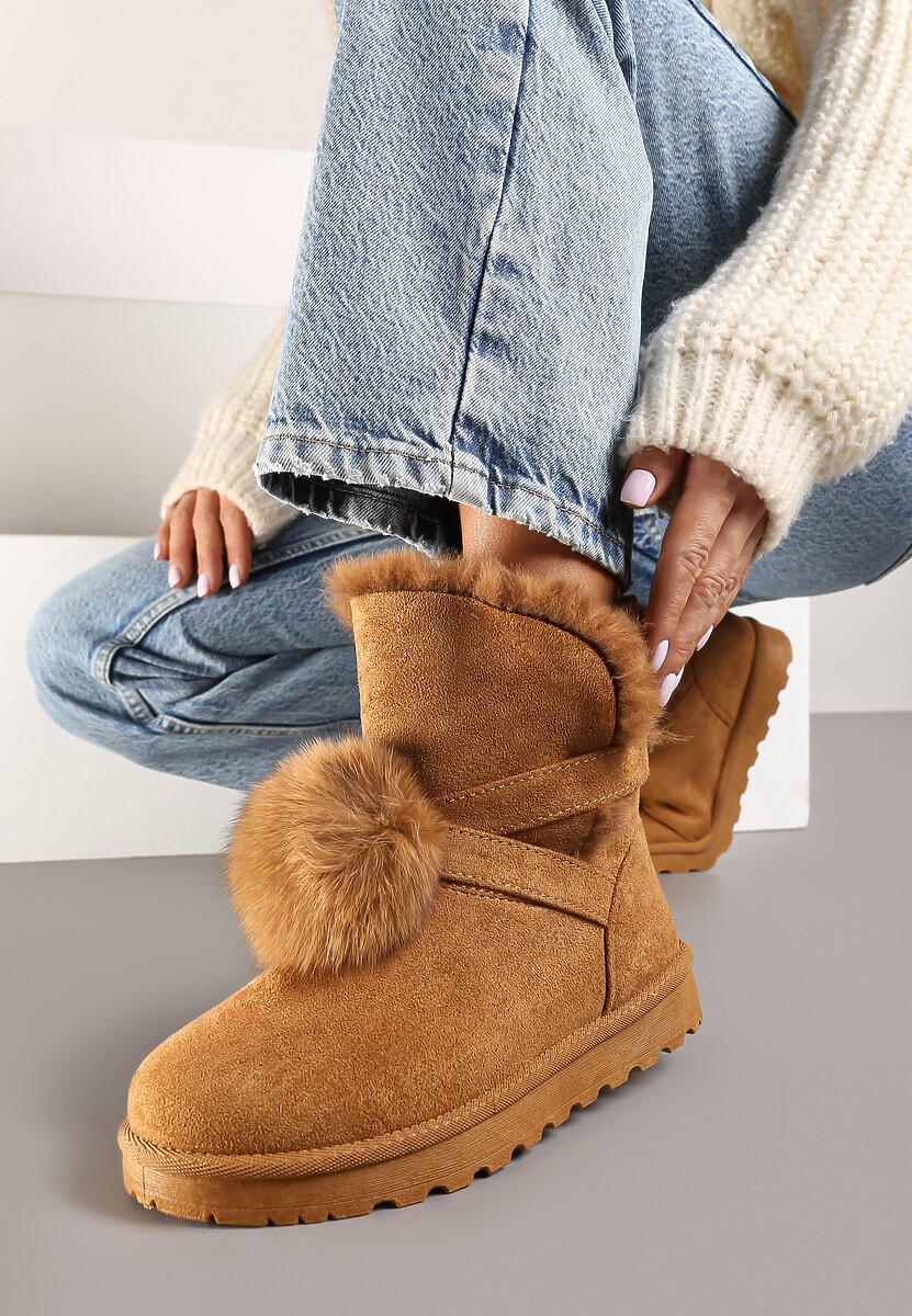 Brązowe Śniegowce na Płaskiej Podeszwie z Pomponami z Futerka Seamira