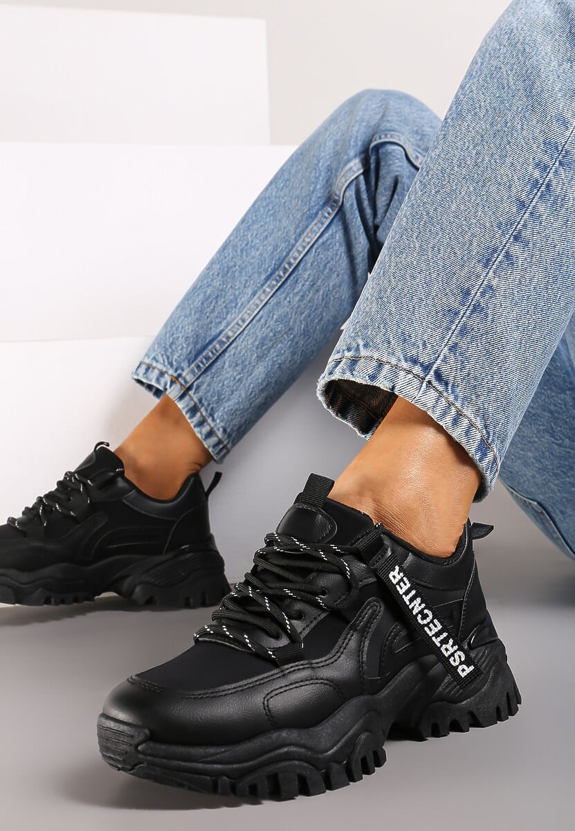 Czarne Sneakersy na Grubej Podeszwie z Dekoracyjną Taśmą Ilkins