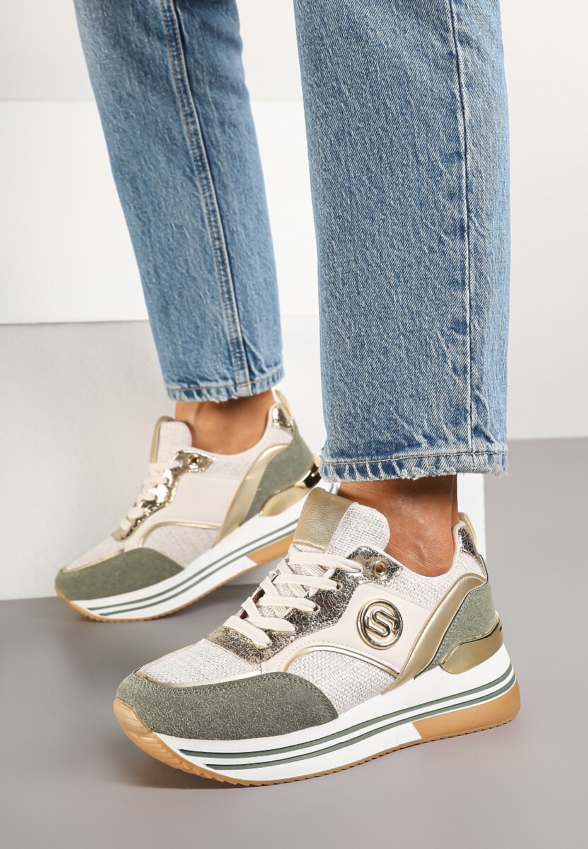 Beżowo-Zielone Sneakersy z Metalicznymi Zdobieniami na Platformie Gonnella