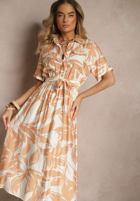 Beżowa Koszulowa Sukienka z Wiskozy z Wiązanym Paskiem Ullosaria