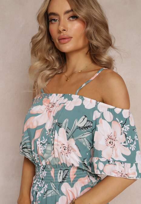 Niebieski Kombinezon z Opuszczonymi Rękawami i Gumkami w Pasie Gelissa