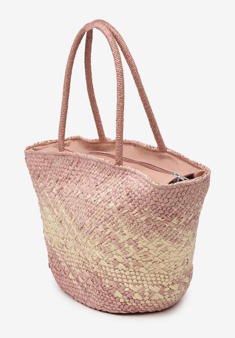 Różowo-Beżowa Duża Torebka z Plecionki w Stylu Boho Zapinana na Zamek Błyskawiczny Noico