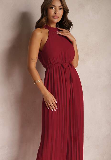 Bordowy Kombinezon z Dekoltem Typu Halter i Gumką w Talii Zolefia