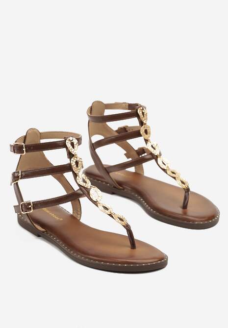 Brązowe Sandały Rzymianki Ozdobione Metalicznymi Aplikacjami Ciarivra