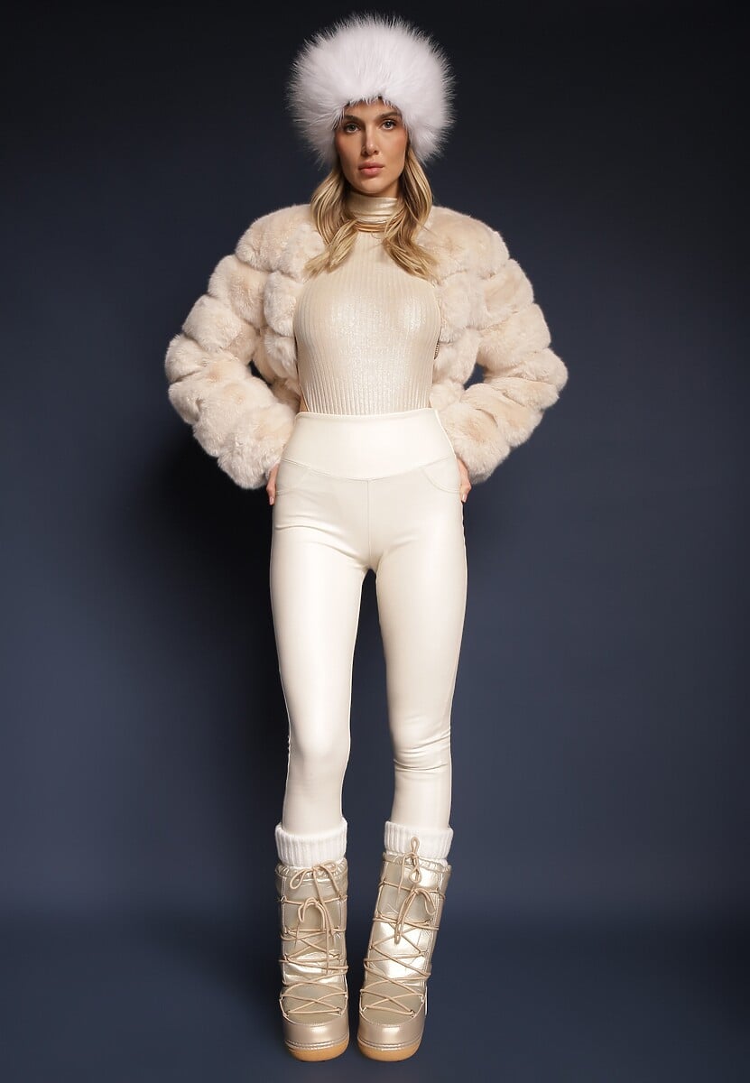 Białe Legginsy z Ekoskóry High Waist z Imitacjami Kieszeni Salabria