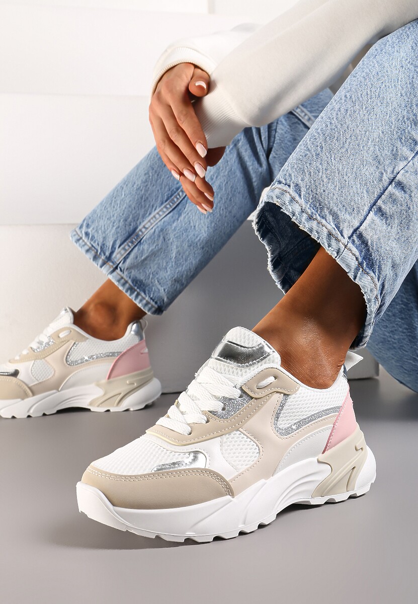 Beżowo-Białe Sneakersy z Metalicznymi i Siateczkowymi Wstawkami Efalia