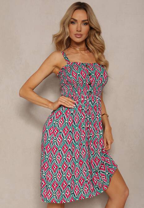 Zielono-Różowa Wiskozowa Sukienka na Regulowanych Ramiączkach z Marszczonym Dekoltem Lalemia