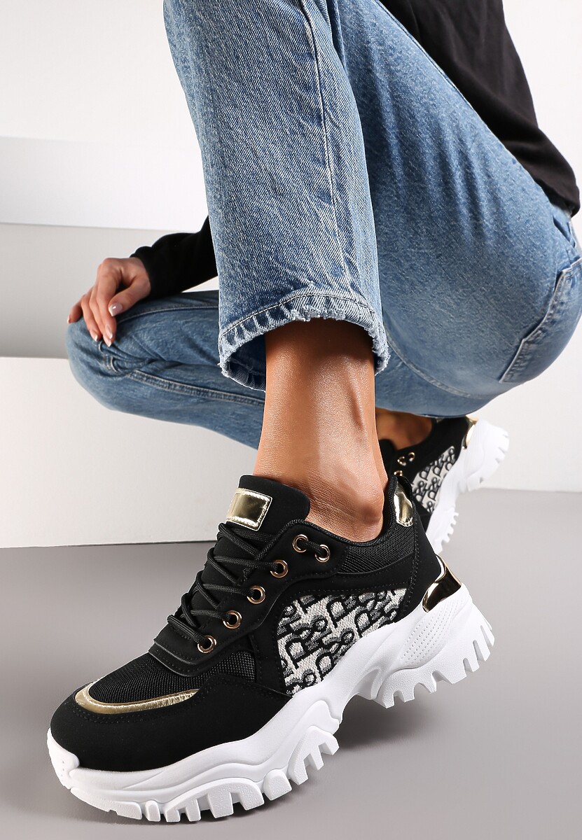 Czarne Sneakersy z Wstawkami na Grubej Podeszwie Trenta