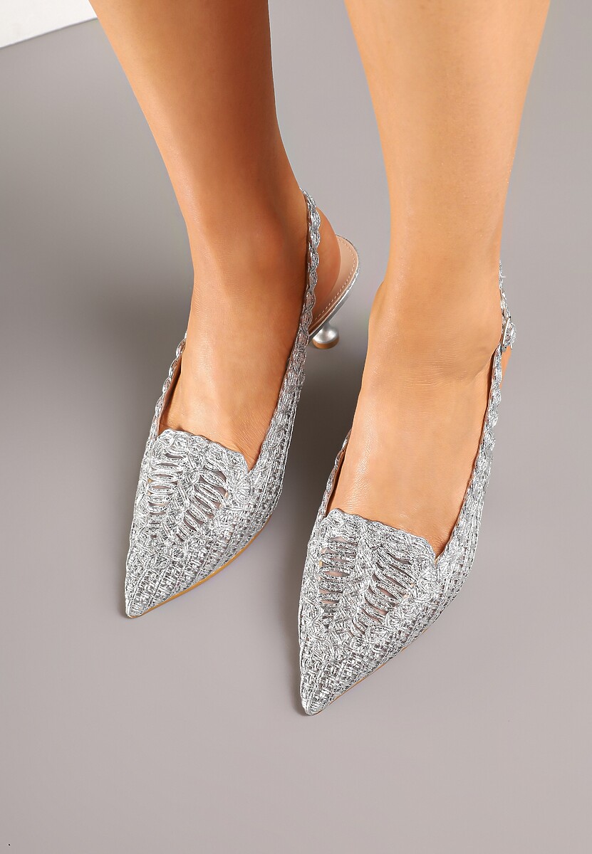 Srebrne Sandały na Szpilce z Geometrycznym Zdobieniem Typu Slingback Nevonira