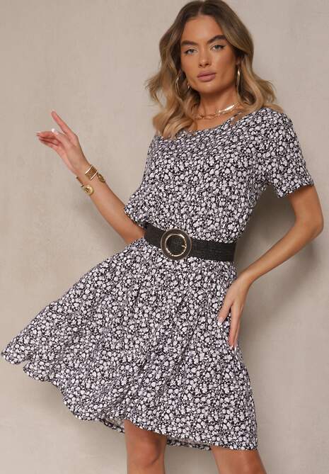 Czarna Rozkloszowana Sukienka z Bawełną w Kwiaty Mevazia