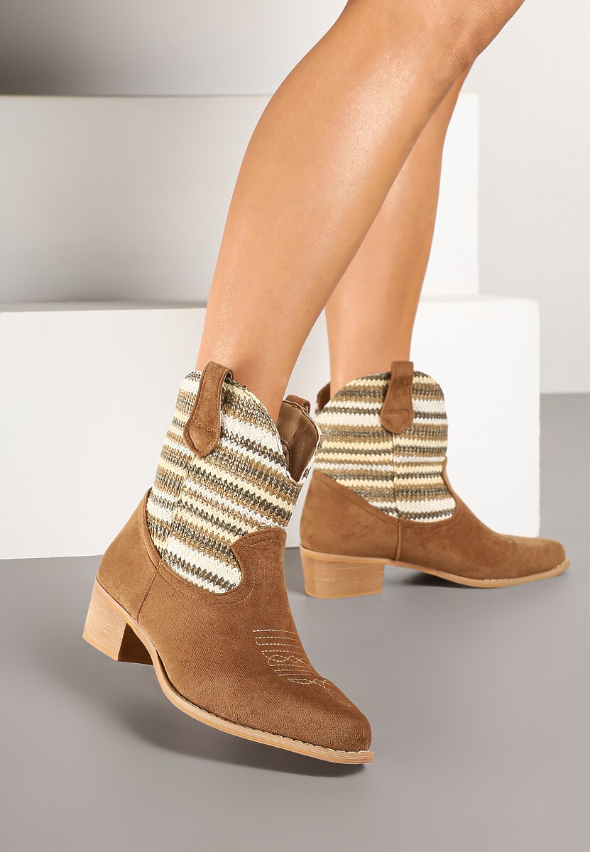 Beżowe Botki Typu Kowbojki na Niskim Obcasie Elearisha