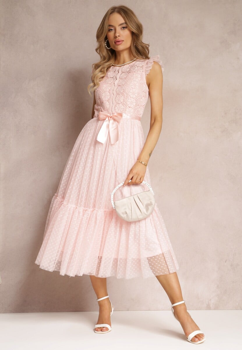 Różowa Taliowana Sukienka z Tiulową Spódnicą i Górą z Koronki Darela