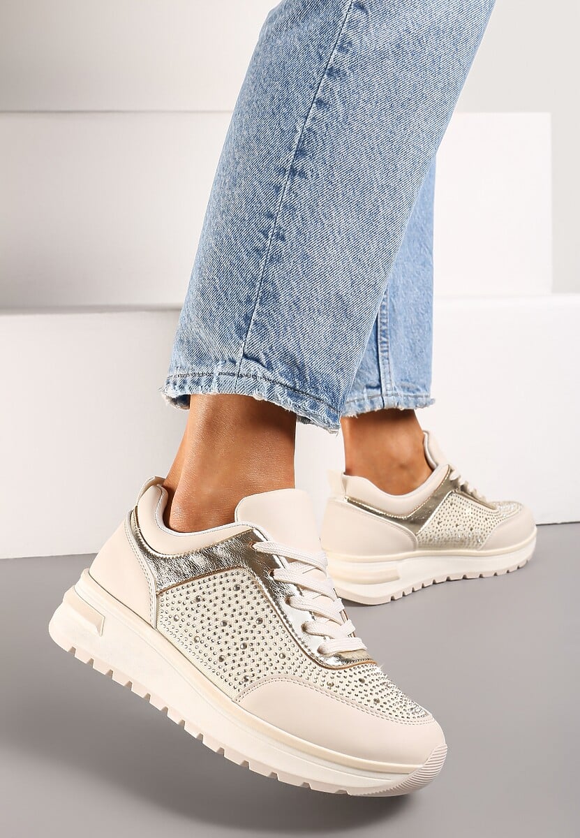 Beżowe Sznurowane Sneakersy z Ekoskóry z Cyrkoniami na Grubej Podeszwie Arpite