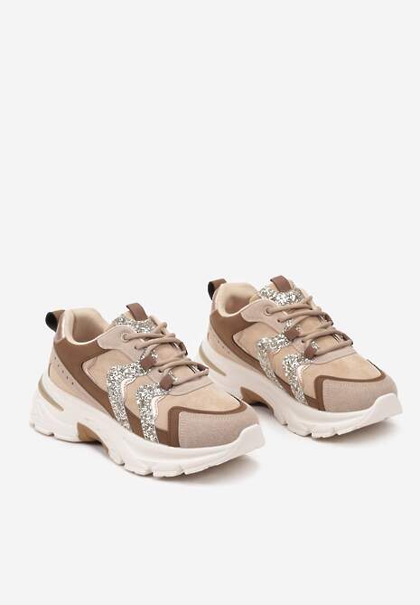 Ciemnobeżowe Sznurowane Sneakersy na Platformie Ozdobione Brokatem Betira