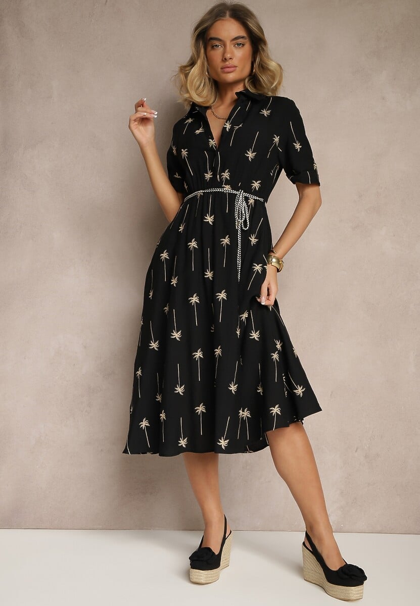 Niebieska Koszulowa Sukienka z Wiskozy o Rozkloszowanym Kroju z Wiązaniem Liselithra