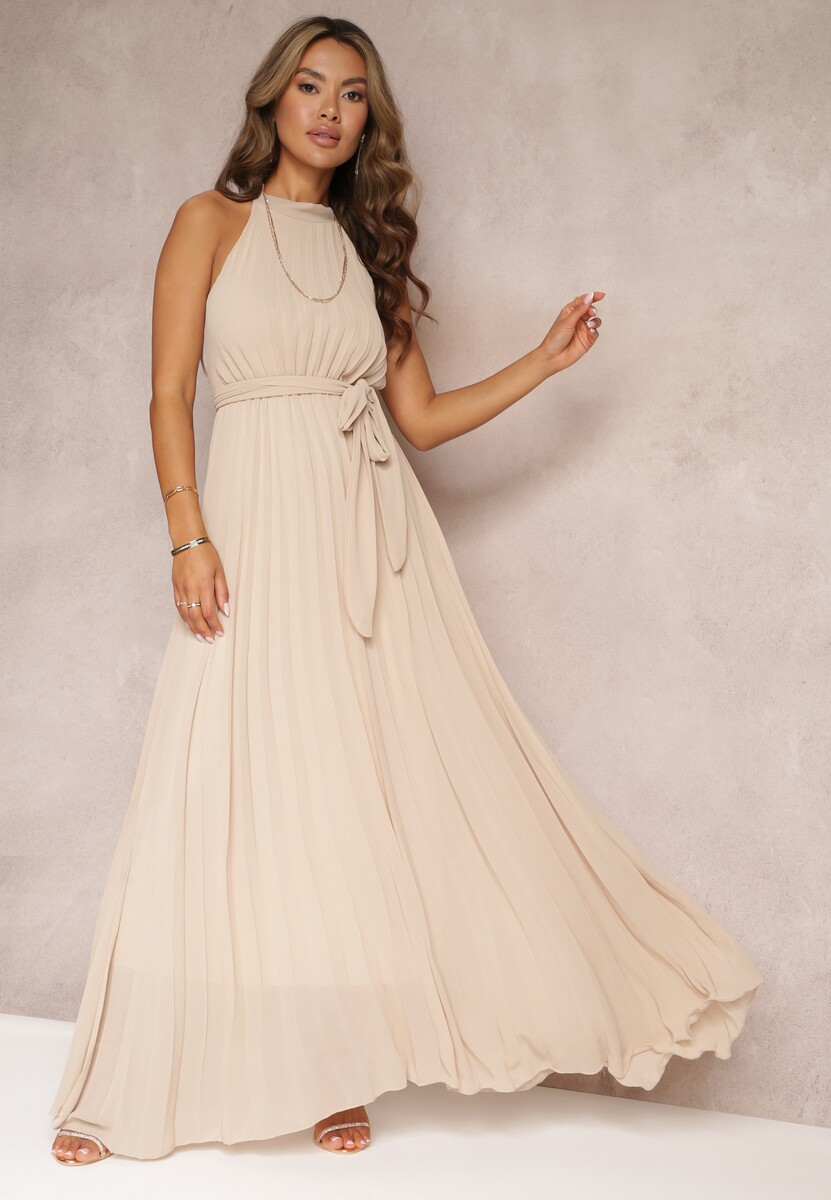 Beżowa Sukienka Maxi bez Rękawów z Gumką w Talii z Plisowanej Tkaniny Pesstia
