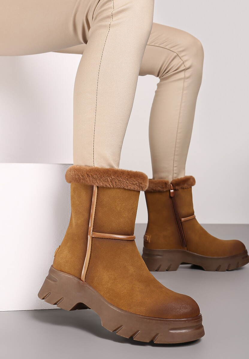 Beżowe Śniegowce na Niskiej Platformie z Ozdobnym Futerkiem Revianna