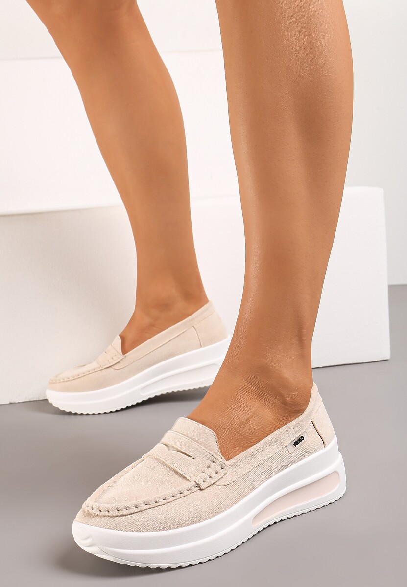 Beżowe Mokasyny z Ekozamszu na Platformie Ozdobione Paseczkiem Adrancia