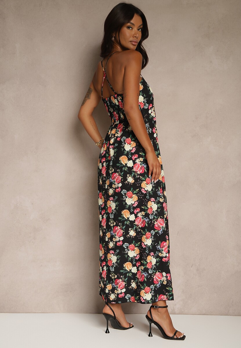 Czarna Rozkloszowana Sukienka z Wiskozą w Kwiatowy Wzór Nalivie